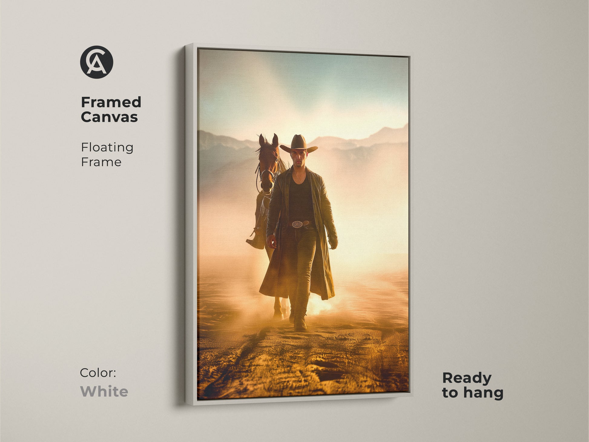Framed canvas print of a cowboy and horse in a sun-drenched Western landscape. The white floating frame complements the golden yellow and dusty orange hues. Ready to hang this artwork adds a rustic touch to any room. Perfect for Western themed decor.