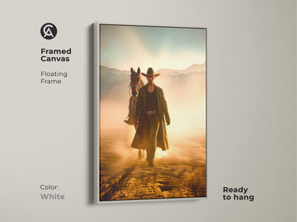 Framed canvas print of a cowboy and horse in a sun-drenched Western landscape. The white floating frame complements the golden yellow and dusty orange hues. Ready to hang this artwork adds a rustic touch to any room. Perfect for Western themed decor.