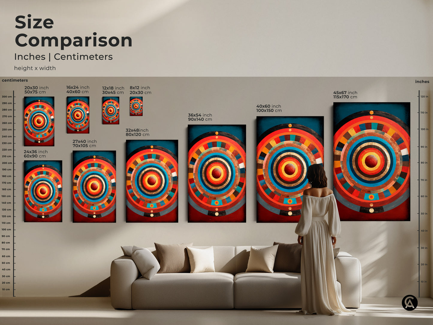 A size comparison shows the dimensions of the concentric circle artwork. Abstract geometric artwork in gold teal and crimson displayed in various sizes. This radiating pattern art is suited for any space. The artwork can be used as eclectic entryway decor or housewarming gift art.