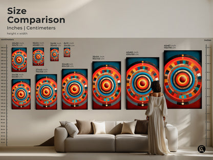 A size comparison shows the dimensions of the concentric circle artwork. Abstract geometric artwork in gold teal and crimson displayed in various sizes. This radiating pattern art is suited for any space. The artwork can be used as eclectic entryway decor or housewarming gift art.