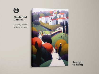 Stretched canvas print of a folk art village landscape. This naive art piece features a colorful European town scene. Ready to hang with gallery wrapped mirror edges for a clean look.
