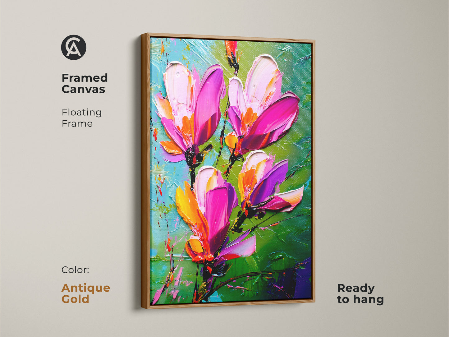 Framed canvas displays textured floral art in an antique gold floating frame. The pink magnolias and lush green accents create a stunning botanical piece. Vibrant flower art is ready to hang. Ideal for plant lovers seeking eclectic home decor.