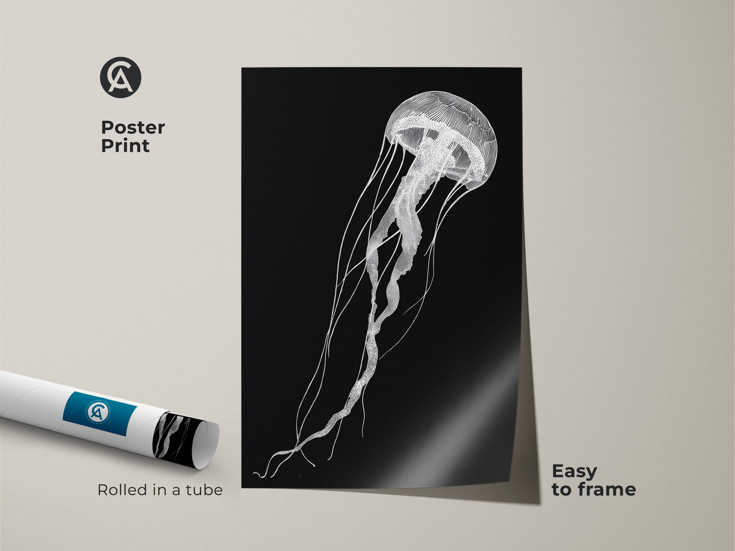 A poster print of a minimalist jellyfish illustration is shown rolled in a tube next to the framed art. This black and white ocean wall art is easy to frame and adds elegance to any room.