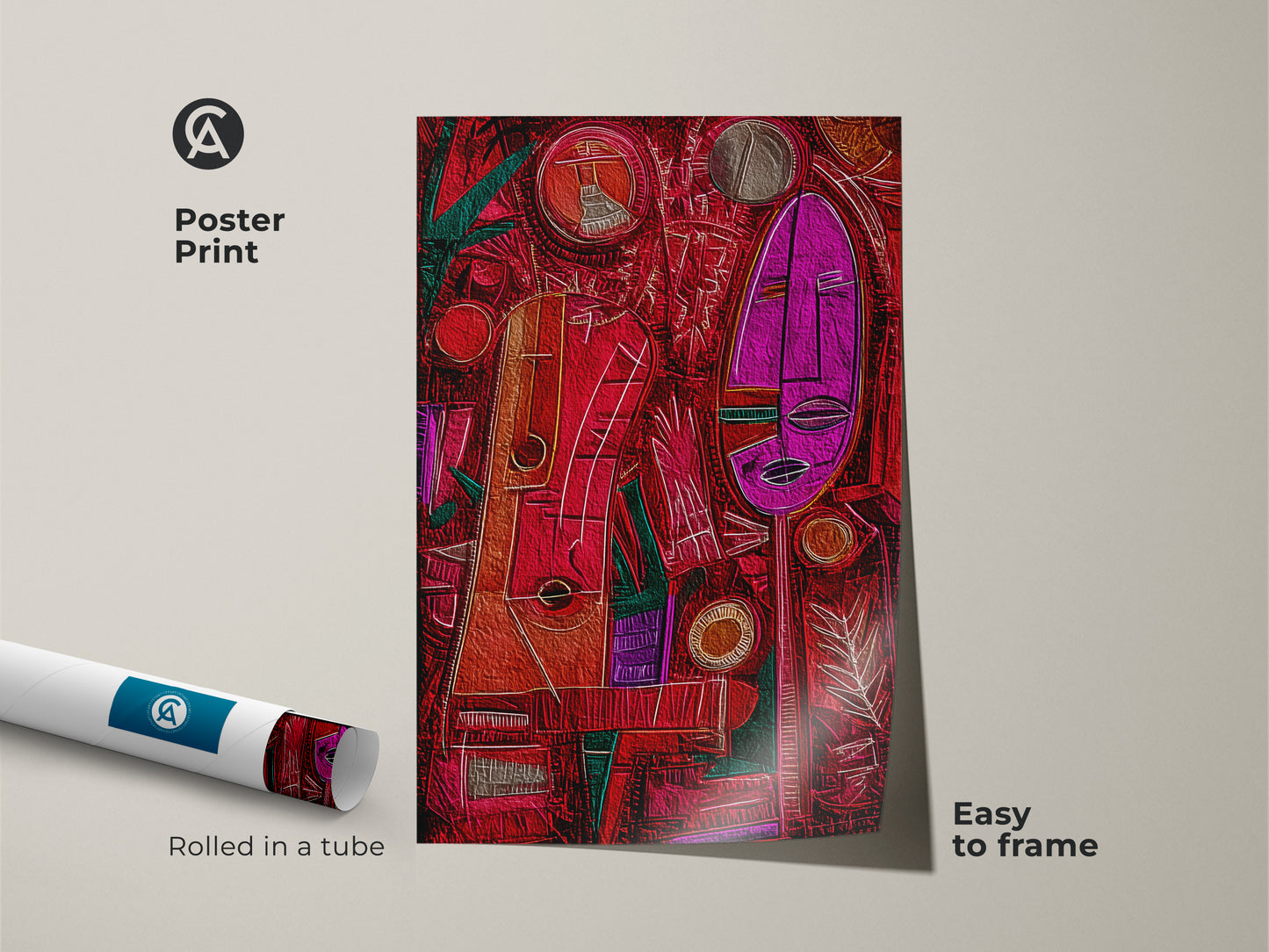 Poster print showcases abstract geometric wall art. The rolled canvas is easy to frame. It features bold colors in this artistic face print ideal wall art for living rooms or a modern office space.