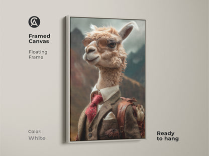 This framed canvas showcases a dapper llama in suit in a white floating frame. A unique animal portrait for an eclectic room study or office decor. Its tan cream brown tones add warmth to any wall. This cool artwork is sophisticated and fun. Ready to hang it is the perfect animal lover gift.