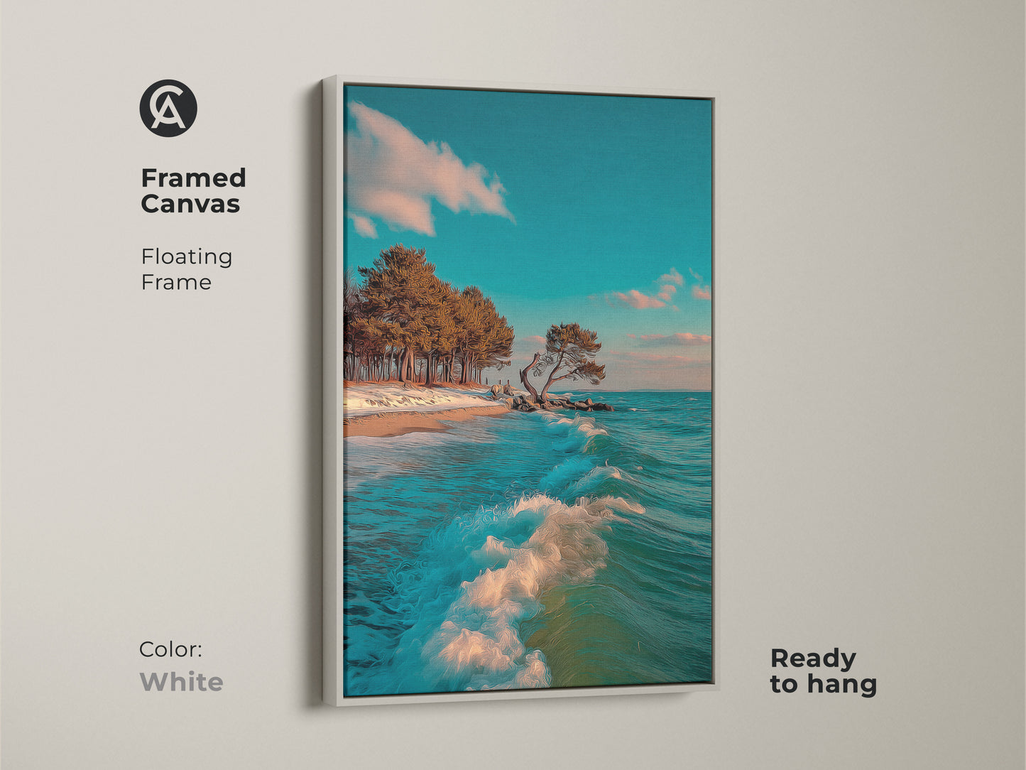 This Framed Canvas features coastal ocean wave art. Beach trees are seen under a teal sky. The floating frame is in white. The artwork is ready to hang. It brings a fresh coastal touch to any room. It is perfect for a beach house or coastal-inspired home.