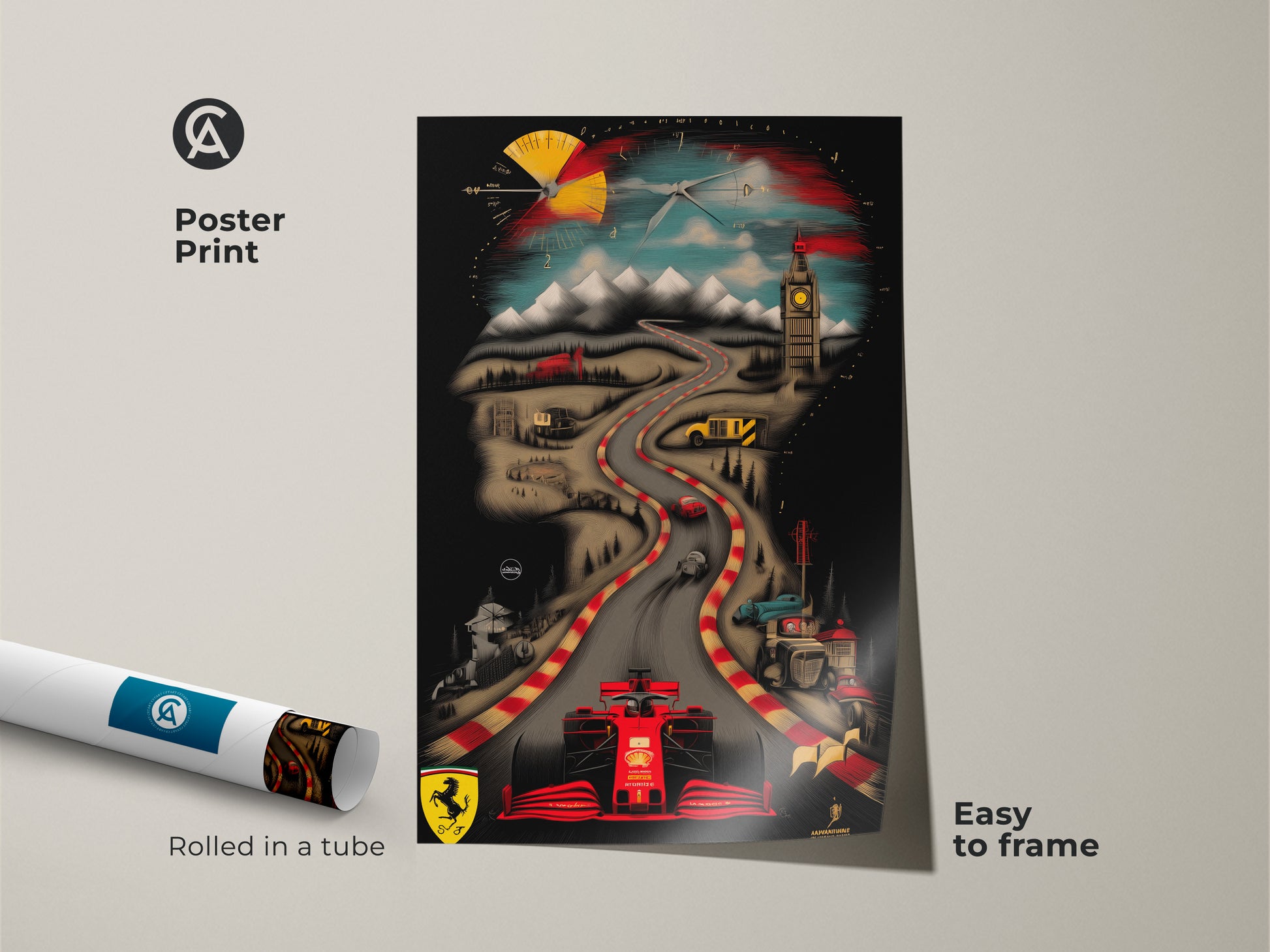 Poster print of a Ferrari race car art piece. The artwork displays a red F1 car driving on a racetrack. It blends landmarks into the horizon. This easy-to-frame poster ships rolled in a tube