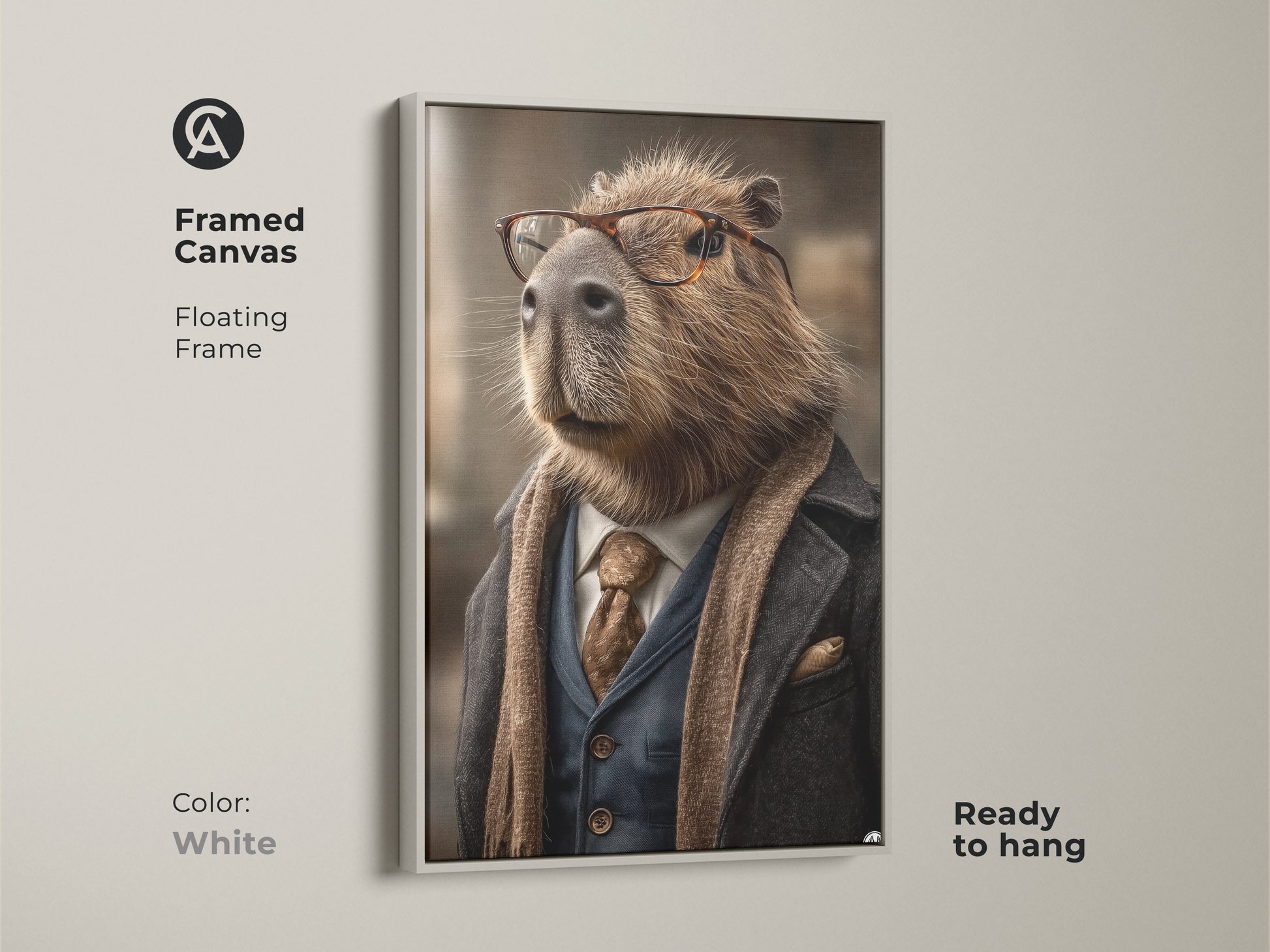 A white framed canvas showcases a cultured capybara artwork with glasses. This animal print in tan blue and brown offers a unique and humorous touch. The ready to hang portrait is perfect for adding style to any space.