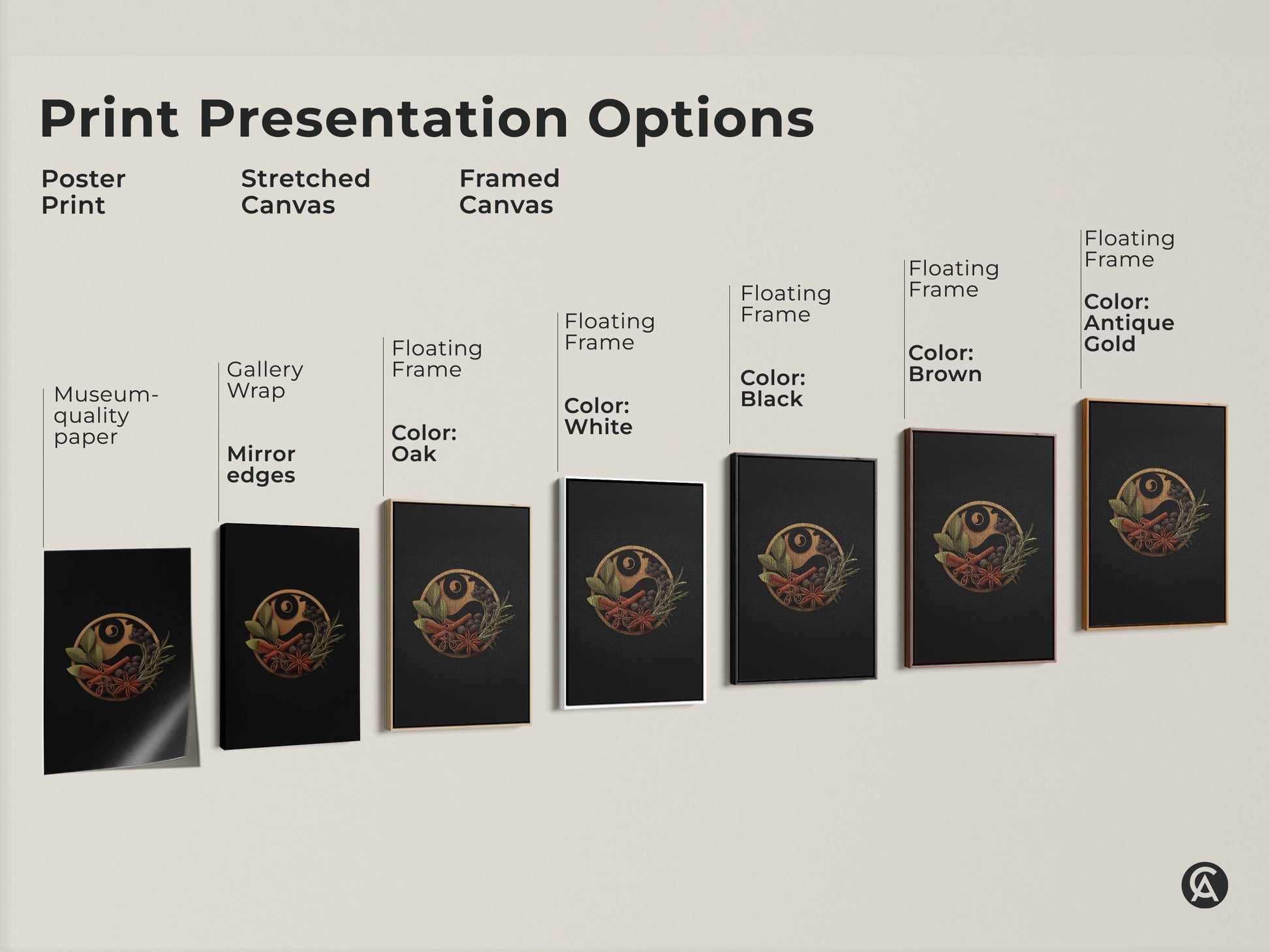 Explore print presentation options including poster prints stretched canvas and framed canvas. Each style showcases the spice Yin Yang wall art perfectly. Choose the ideal format to enhance your home decor with this unique minimalist artwork for kitchen and dining spaces.