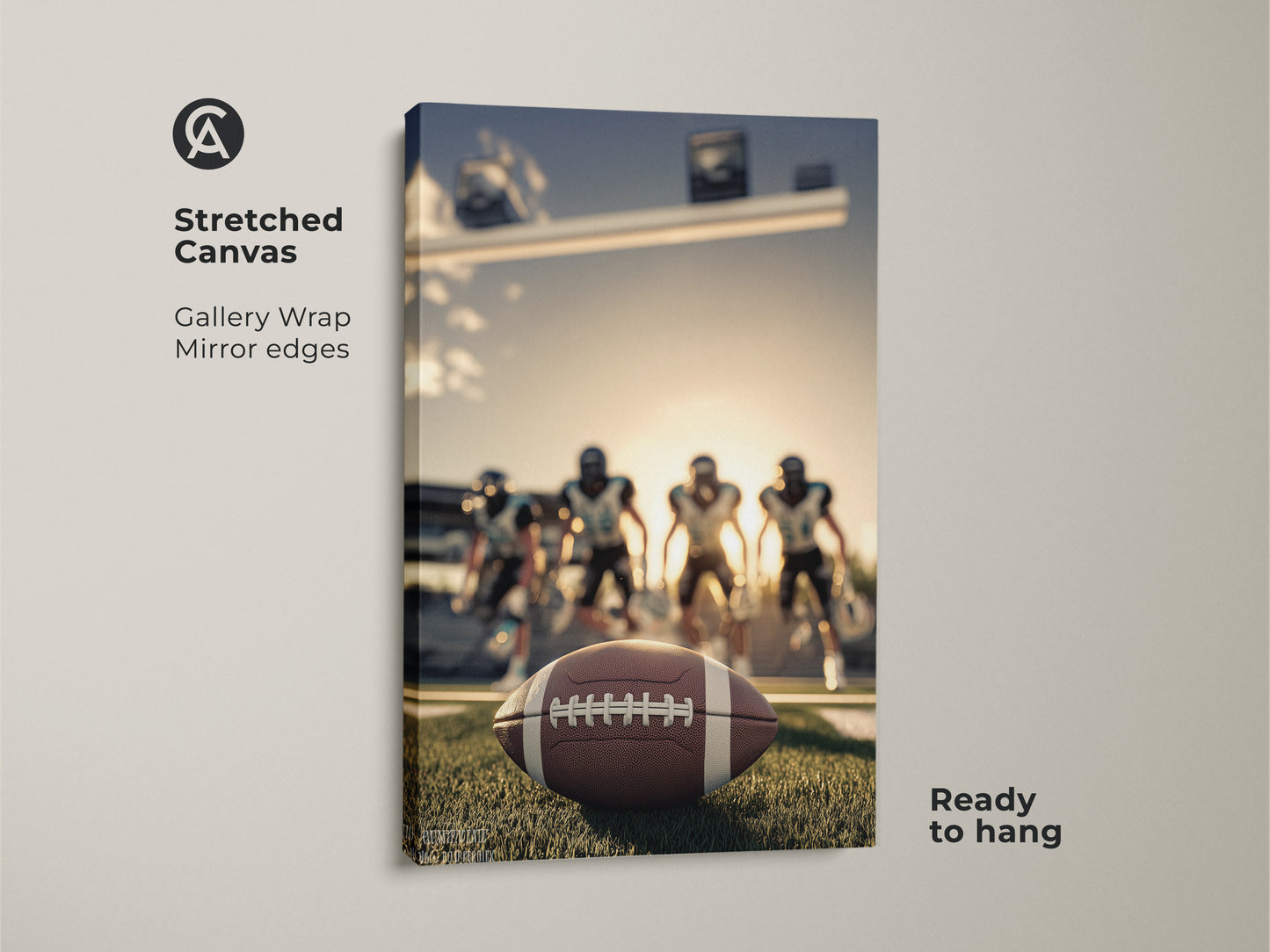 Stretched canvas art featuring American Football action photography. The gallery wrap has mirror edges ready to hang. It captures the intensity of the game. The focus is on the football with players in the background. This modern athlete artwork is perfect for sports enthusiasts.