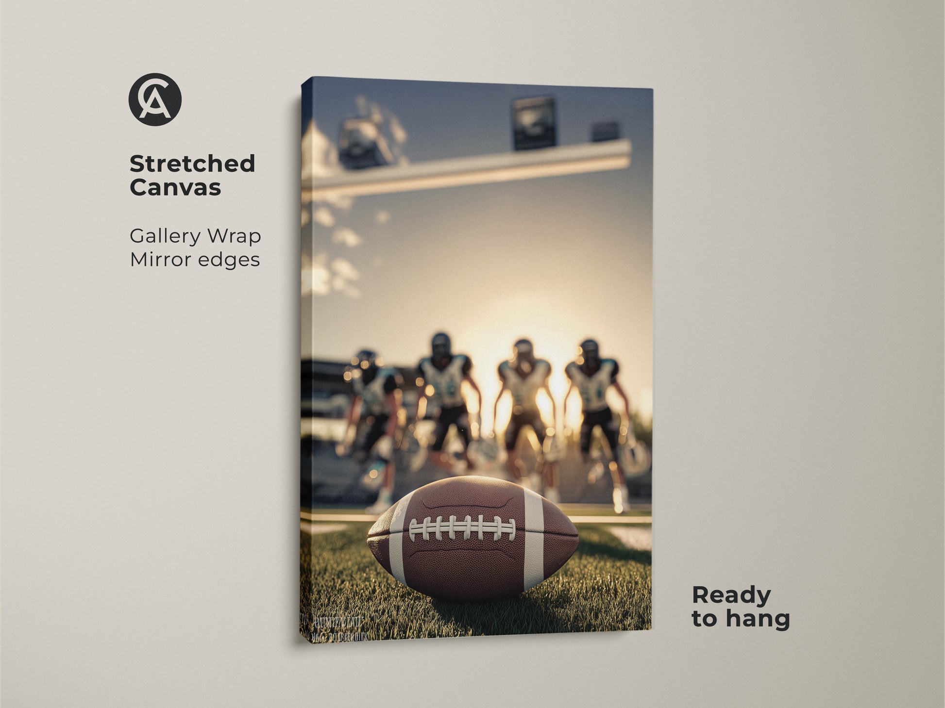 Stretched canvas art featuring American Football action photography. The gallery wrap has mirror edges ready to hang. It captures the intensity of the game. The focus is on the football with players in the background. This modern athlete artwork is perfect for sports enthusiasts.