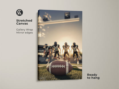 Stretched canvas art featuring American Football action photography. The gallery wrap has mirror edges ready to hang. It captures the intensity of the game. The focus is on the football with players in the background. This modern athlete artwork is perfect for sports enthusiasts.