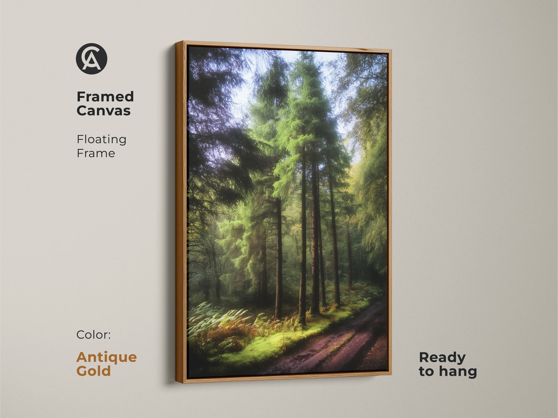 Framed canvas showcasing emerald green pine trees. Antique gold floating frame adds elegance to this rustic landscape. Ready to hang nature artwork. Ideal for a bedroom or living room. Perfect housewarming gift for nature lovers.