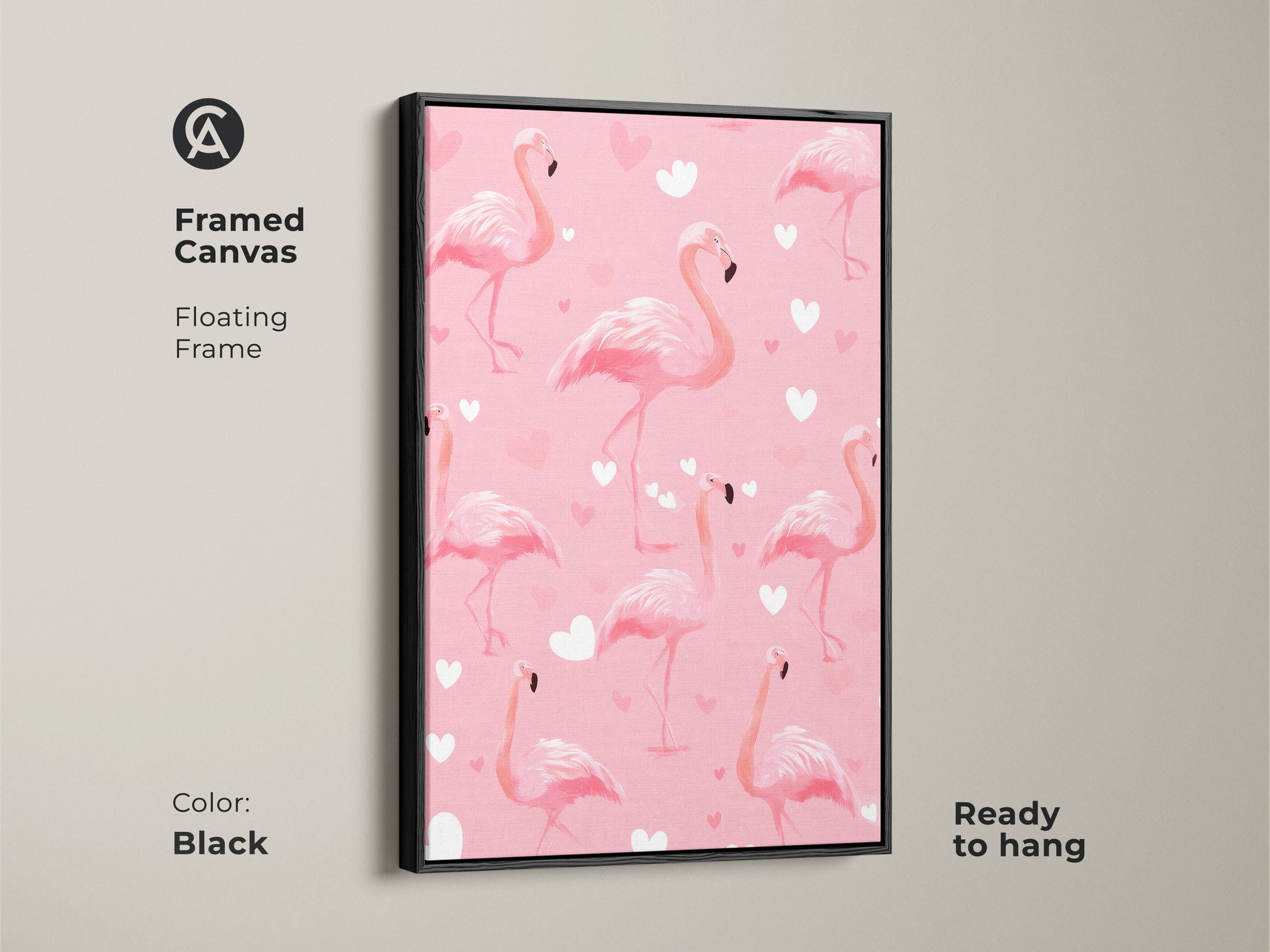 Black framed canvas showing pink flamingo artwork with a floating frame. The cute heart pattern and tropical birds bring a playful touch. It's ready to hang and enhances nursery decor beautifully.