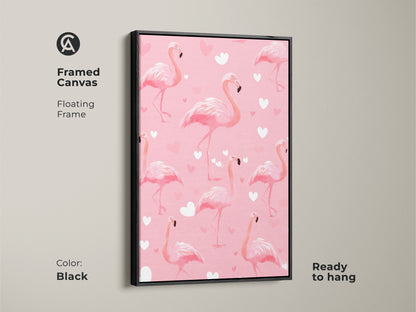Black framed canvas showing pink flamingo artwork with a floating frame. The cute heart pattern and tropical birds bring a playful touch. It's ready to hang and enhances nursery decor beautifully.