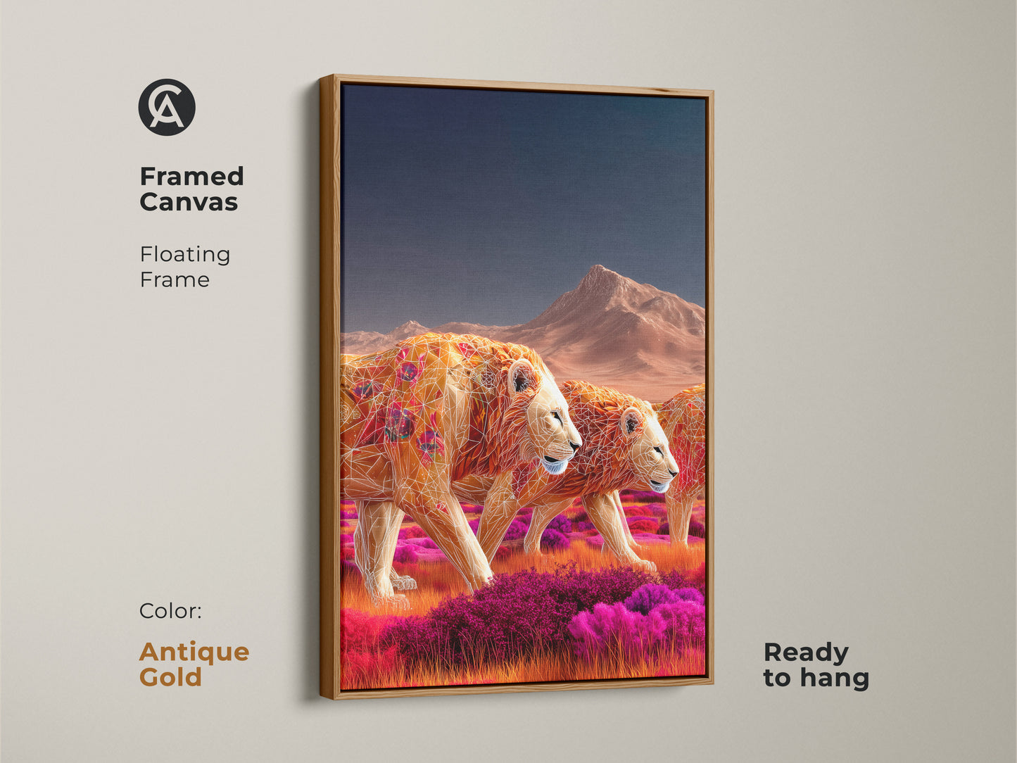 Framed canvas art featuring geometric lions in earthy ochre and tangerine hues. The antique gold floating frame accentuates this safari wildlife art. The art is ready to hang. Transform your living space with this boho inspired animal artwork. Perfect as a housewarming gift for nature enthusiasts.