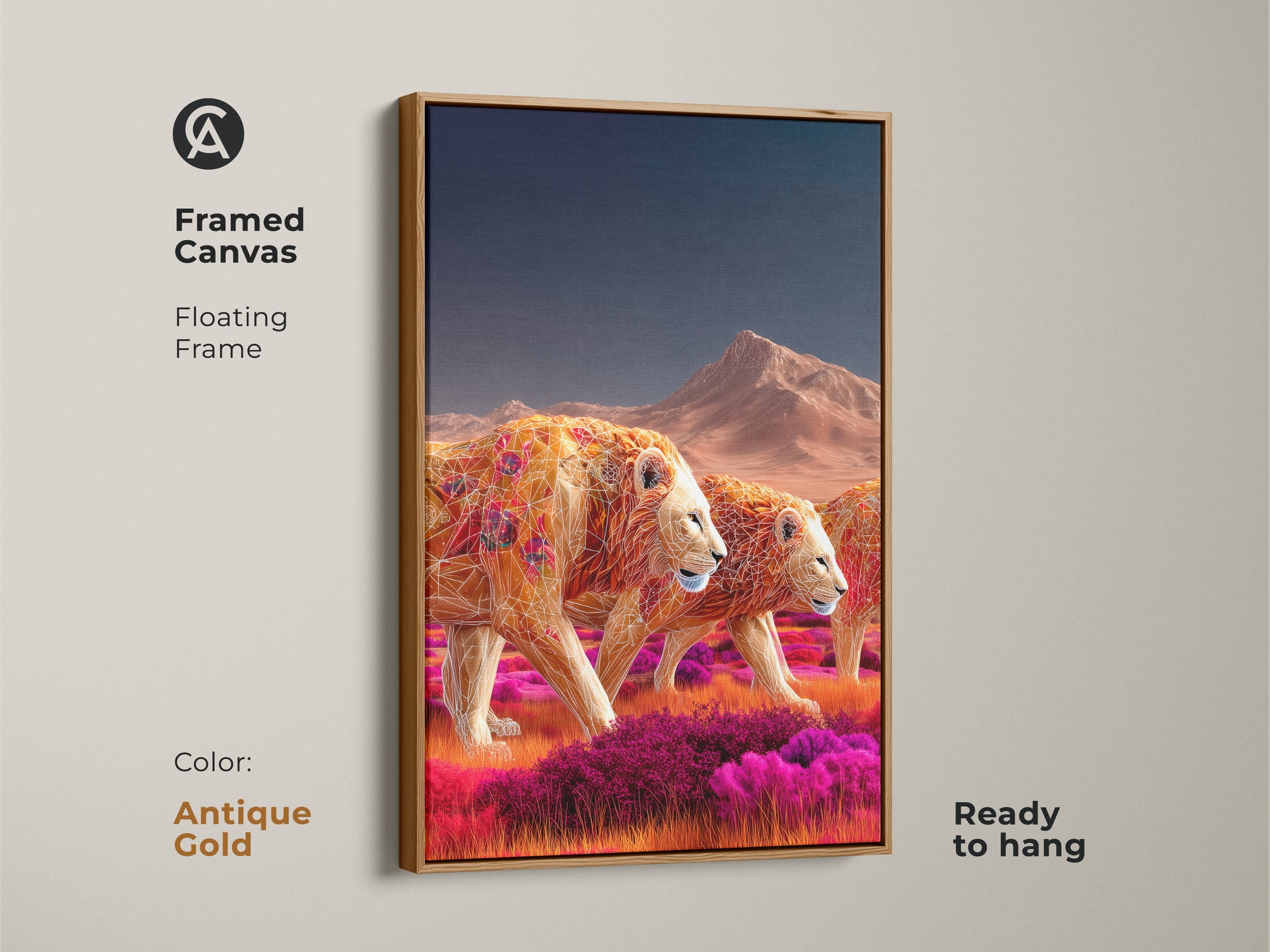 Framed canvas art featuring geometric lions in earthy ochre and tangerine hues. The antique gold floating frame accentuates this safari wildlife art. The art is ready to hang. Transform your living space with this boho inspired animal artwork. Perfect as a housewarming gift for nature enthusiasts.