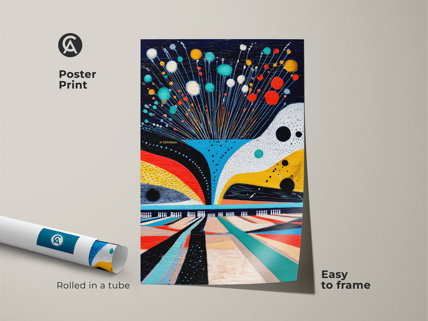 Poster print of abstract bowling artwork rolled in a tube. Easy to frame for any space. Geometric sport theme with teal red and yellow accents. This colorful abstract art adds a modern touch. Great for bowling alley decor.