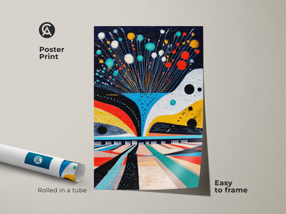 Poster print of abstract bowling artwork rolled in a tube. Easy to frame for any space. Geometric sport theme with teal red and yellow accents. This colorful abstract art adds a modern touch. Great for bowling alley decor.