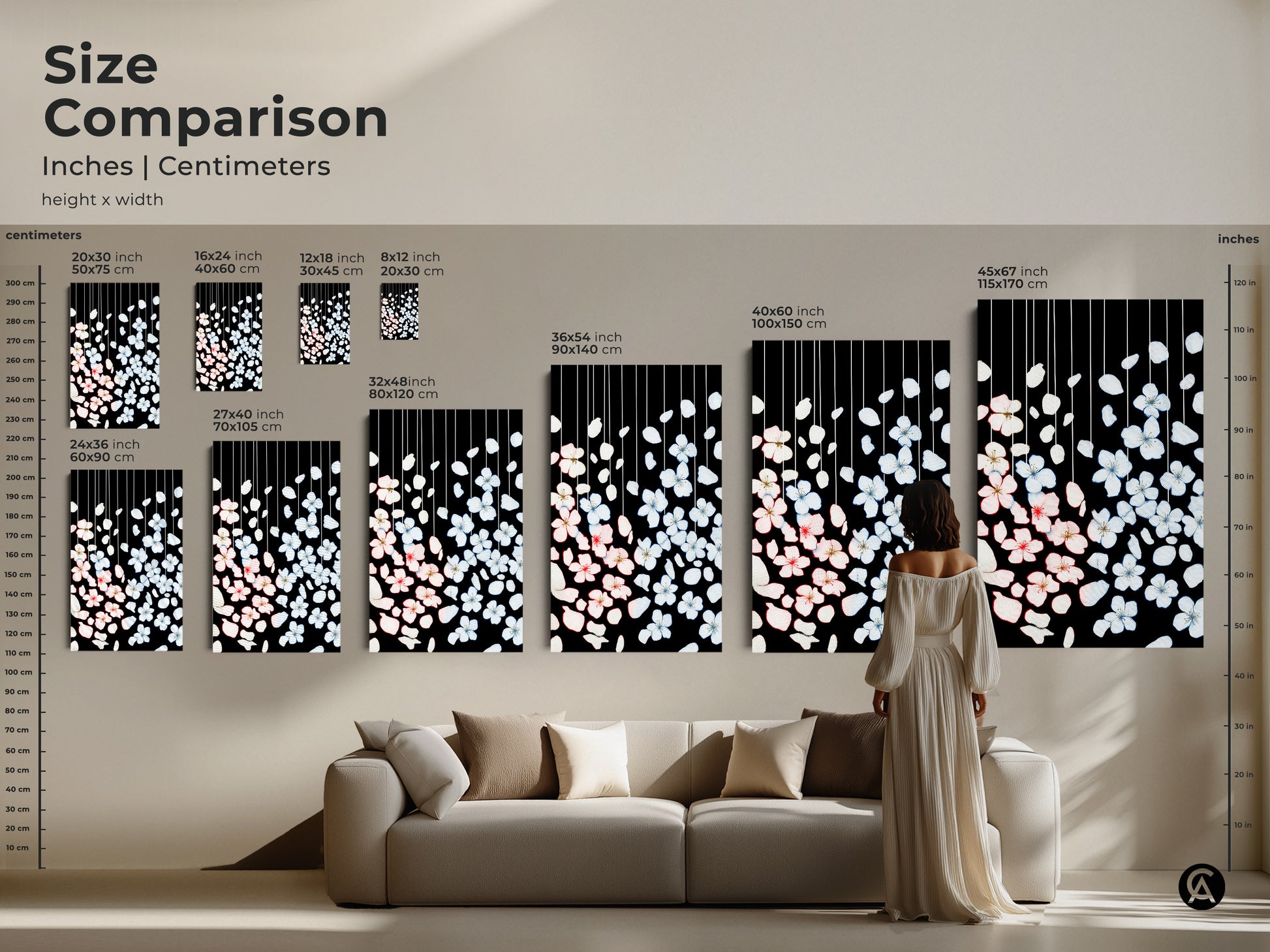 A size comparison chart displays minimalist cherry blossom art in various dimensions. Canvas and poster options are shown in inches and centimeters. This black botanical artwork showcases pink and white petals for any space. Scandinavian decor enthusiasts will adore this.