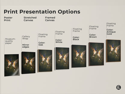 Explore print presentation options for realistic swallow bird art. Choose from poster prints stretched canvas or framed canvas. Gallery wrap with mirror edges available. Floating frame options include colors like white black brown oak and antique gold. Find the perfect museum-quality paper for your nature wall decor. Elevate your space with classical bird art.