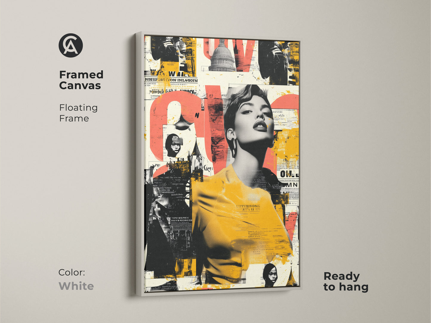 White framed canvas with a floating frame showcasing a retro woman portrait artwork. The vintage fashion collage wall art adds a modern touch. This unique piece is perfect for eclectic entryway decor. The coral black and yellow canvas art is a great art print gift.