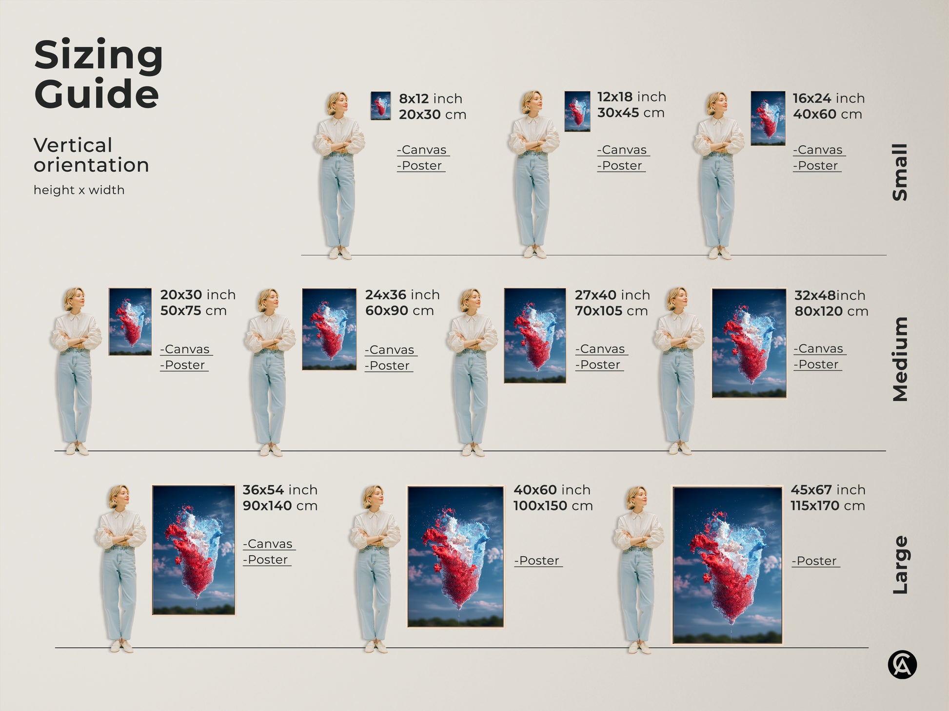 Sizing guide for vertical abstract red blue and white splash art prints. Visualize the artwork in various sizes for canvas and poster options. Find the perfect fit for your space from small to large sizes ensuring a stunning addition to your home or office decor.
