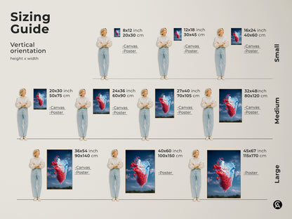 Sizing guide for vertical abstract red blue and white splash art prints. Visualize the artwork in various sizes for canvas and poster options. Find the perfect fit for your space from small to large sizes ensuring a stunning addition to your home or office decor.