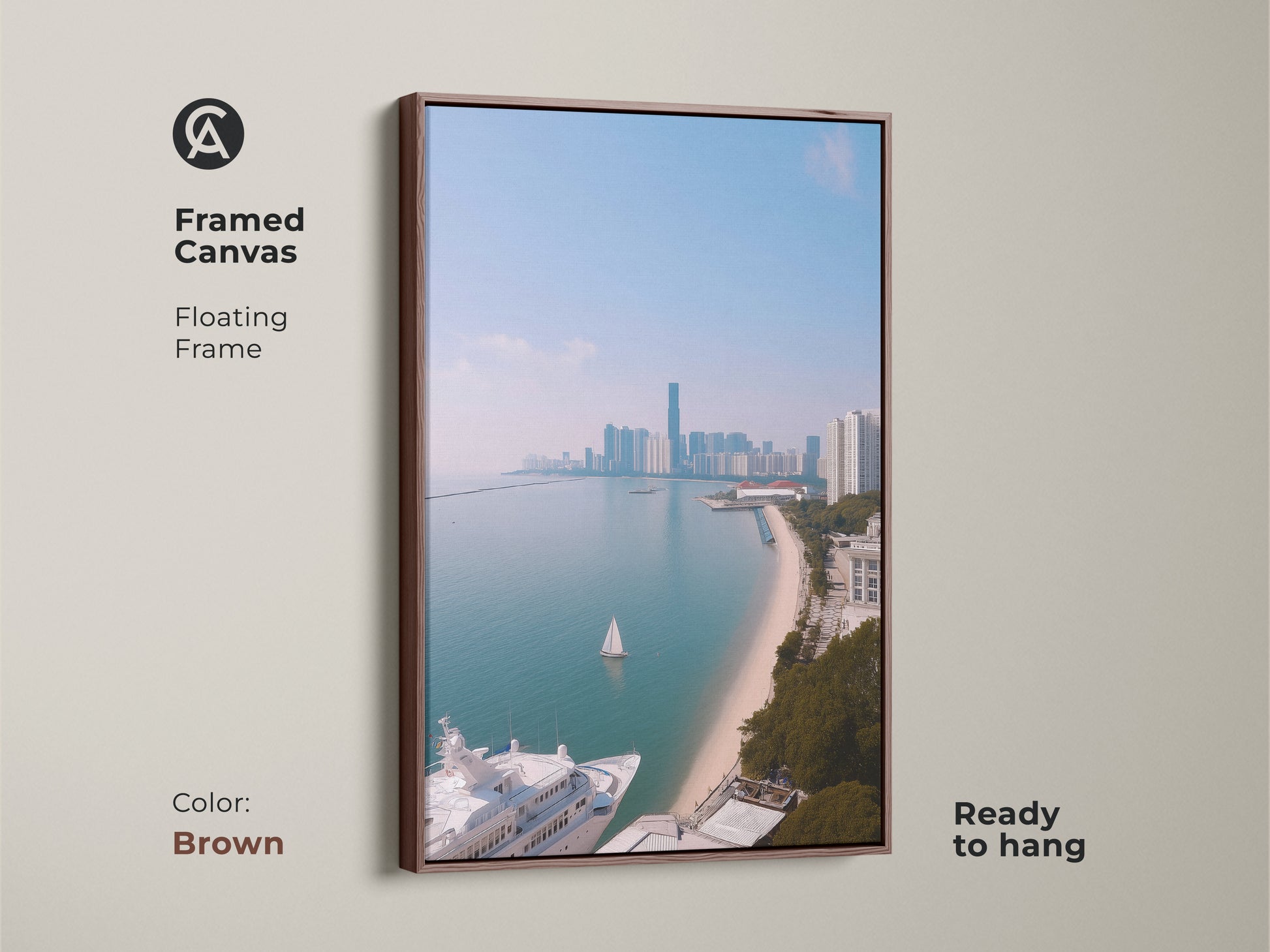 A framed canvas showing coastal cityscape art with a yacht and sailboat. This floating frame artwork is ready to hang and features a brown frame. The ocean view art print features modern aqua blue artwork. It is a contemporary cityscape print perfect for travel lovers. The coastal scene offers nautical themed wall decor.
