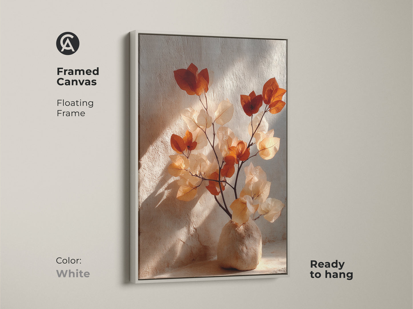 Framed canvas in white featuring Terracotta Bougainvillea. Floating frame showcases cream and burnt orange botanical artwork. Ready to hang this boho vase still life wall art. Add organic modern elegance to your living room with this plant art.