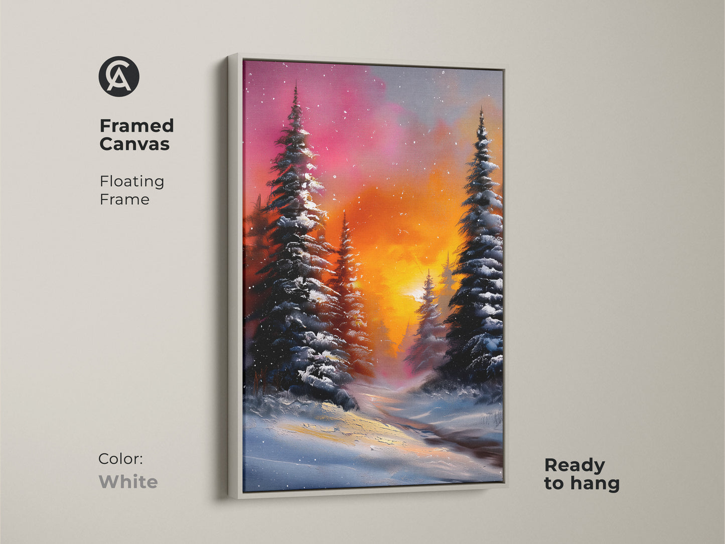 Framed canvas art with a white floating frame. The artwork features a snowy pine forest and an orange pink sky. Ready to hang and suitable for a cozy bedroom. A peaceful winter scene to enjoy.