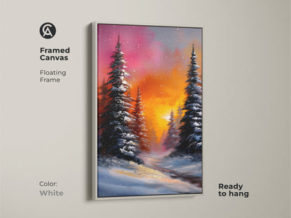 Framed canvas art with a white floating frame. The artwork features a snowy pine forest and an orange pink sky. Ready to hang and suitable for a cozy bedroom. A peaceful winter scene to enjoy.