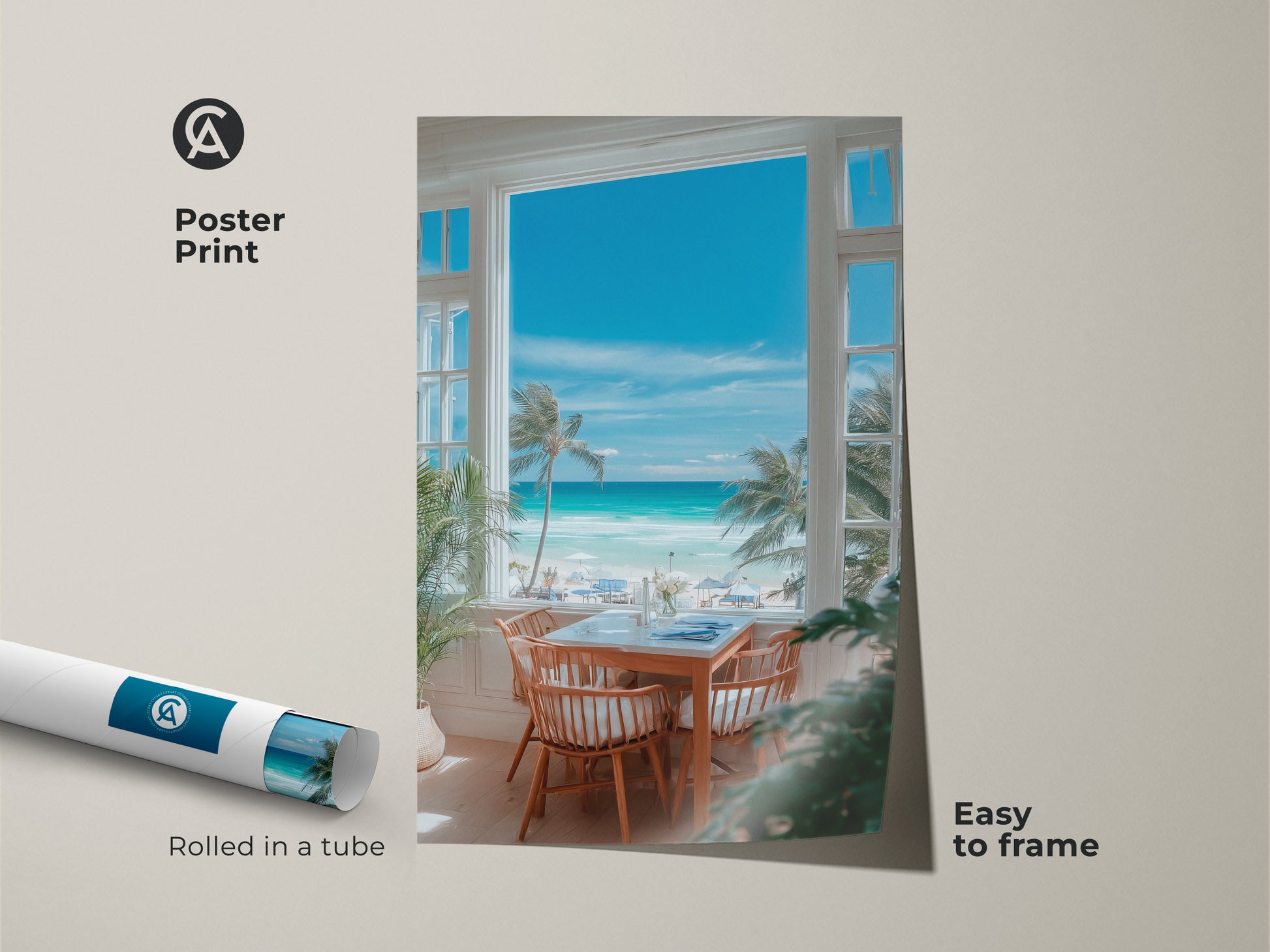 Poster print featuring a beach view through a window. This museum-quality paper print arrives rolled in a tube. Making it easy to frame. The artwork captures turquoise water and palm trees. Ideal for creating a serene atmosphere in any space.