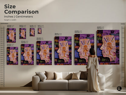 Size comparison of the abstract collage wall art in inches and centimeters. Visualize how the artwork fits in various room settings and sizes. The head silhouette and microphone motif create an eclectic studio decor. Perfect for music lovers or as a unique home office art piece.