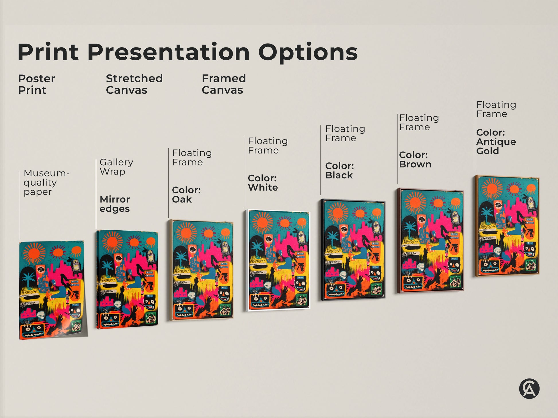 Print presentation options for abstract artwork. Choose from poster print stretched canvas or framed canvas. Each option displays vibrant colors and unique figures. Select the perfect presentation to match your artistic vision