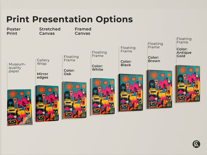Print presentation options for abstract artwork. Choose from poster print stretched canvas or framed canvas. Each option displays vibrant colors and unique figures. Select the perfect presentation to match your artistic vision
