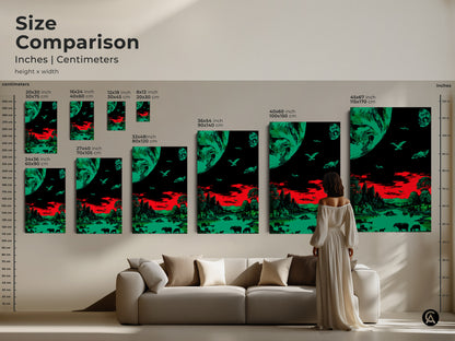 Size comparison of surreal emerald green and red art prints. See how different sizes fit above a couch. The retro sci-fi wildlife artwork is available in various dimensions. It enhances any living room or office space. It offers abstract earth view.