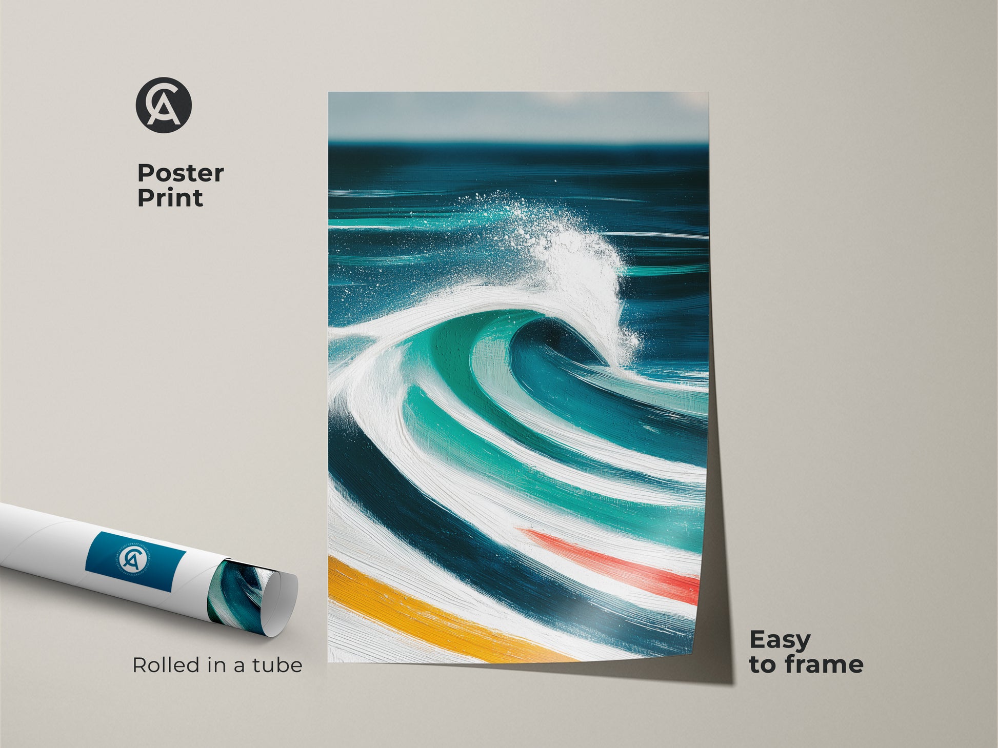 Poster print of an abstract ocean wave. The artwork displays dynamic brushstrokes in deep blue teal and turquoise. This modern coastal art is rolled in a tube for easy framing making it ideal for a beach house or surfer gift. The artwork enhances any ocean themed space.