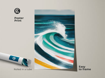 Poster print of an abstract ocean wave. The artwork displays dynamic brushstrokes in deep blue teal and turquoise. This modern coastal art is rolled in a tube for easy framing making it ideal for a beach house or surfer gift. The artwork enhances any ocean themed space.