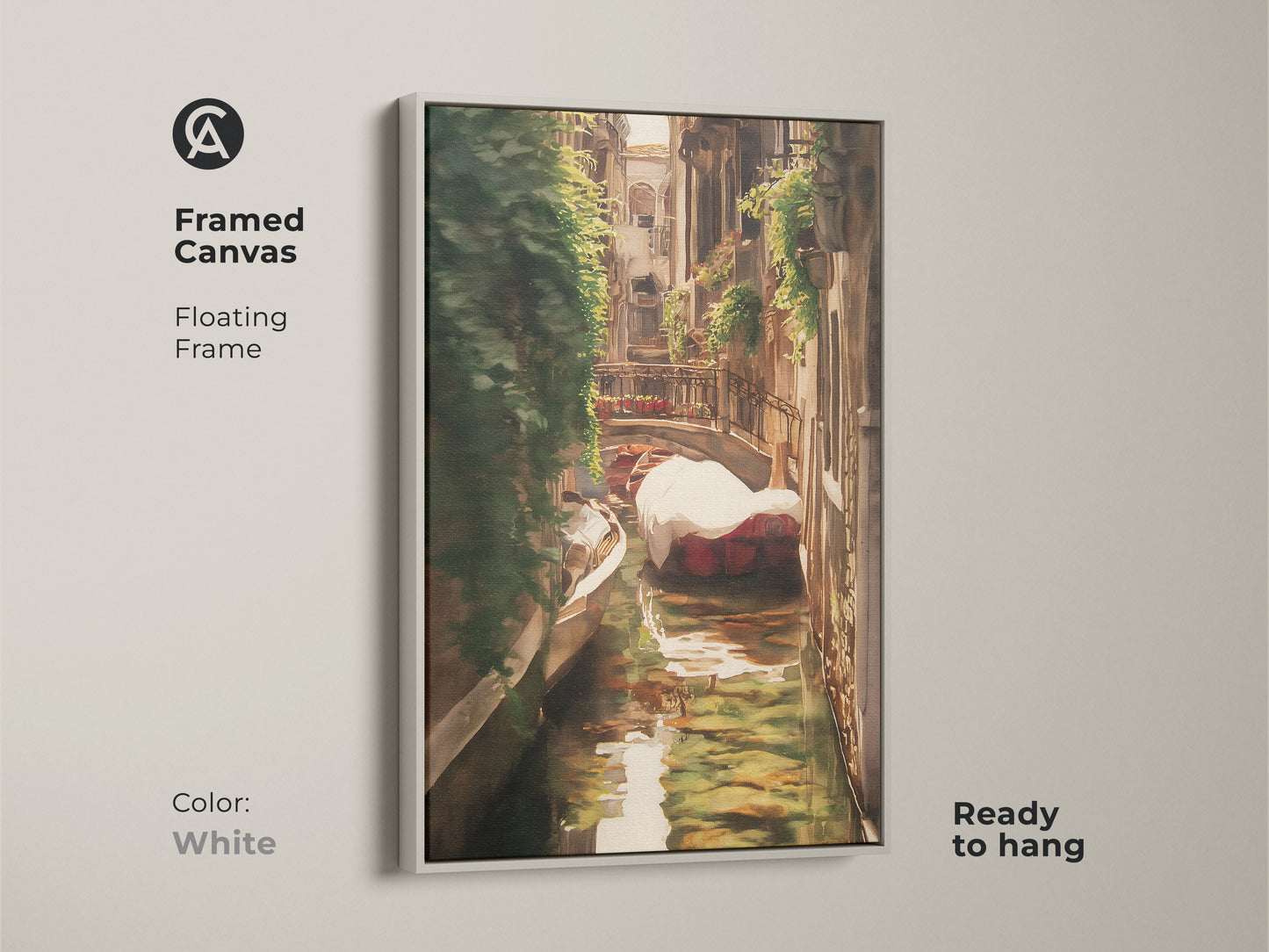 Framed canvas of an Italian canal art print. The Venice gondola landscape painting features traditional brown gold and green tones. A white floating frame enhances this ready-to-hang artwork.