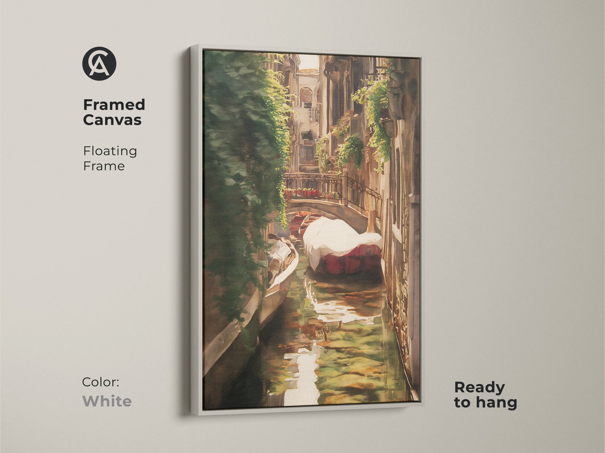 Framed canvas of an Italian canal art print. The Venice gondola landscape painting features traditional brown gold and green tones. A white floating frame enhances this ready-to-hang artwork.