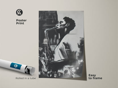 Poster print featuring a striking black and white image of a man playing the saxophone. This museum-quality paper print is easy to frame. Rolled in a tube for protection. Add a touch of musical inspiration to your walls.