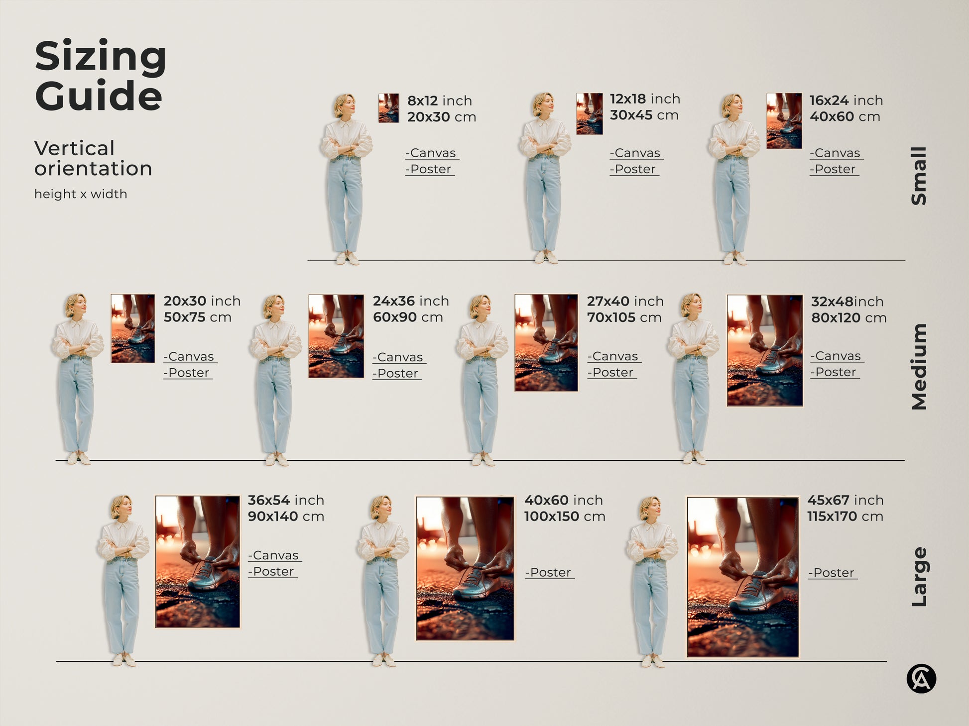 Sizing guide for vertical fitness art prints. Available as canvas or poster in small medium and large sizes. Find the perfect fit for your space. Depicts a runner tying their laces in a contemporary style.