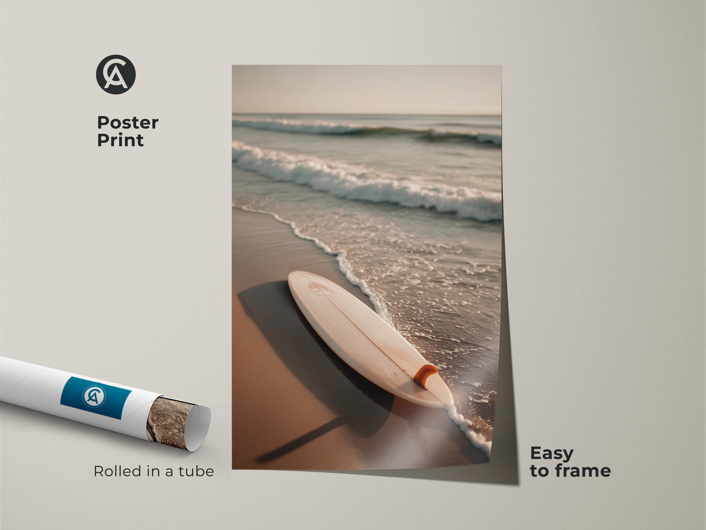 Poster print of a beach scene with a surfboard. This easy-to-frame artwork is rolled in a tube for protection. A simple way to bring coastal charm to your walls. Perfect for creating a relaxed atmosphere in your space. Explore this affordable and stylish beach art print.