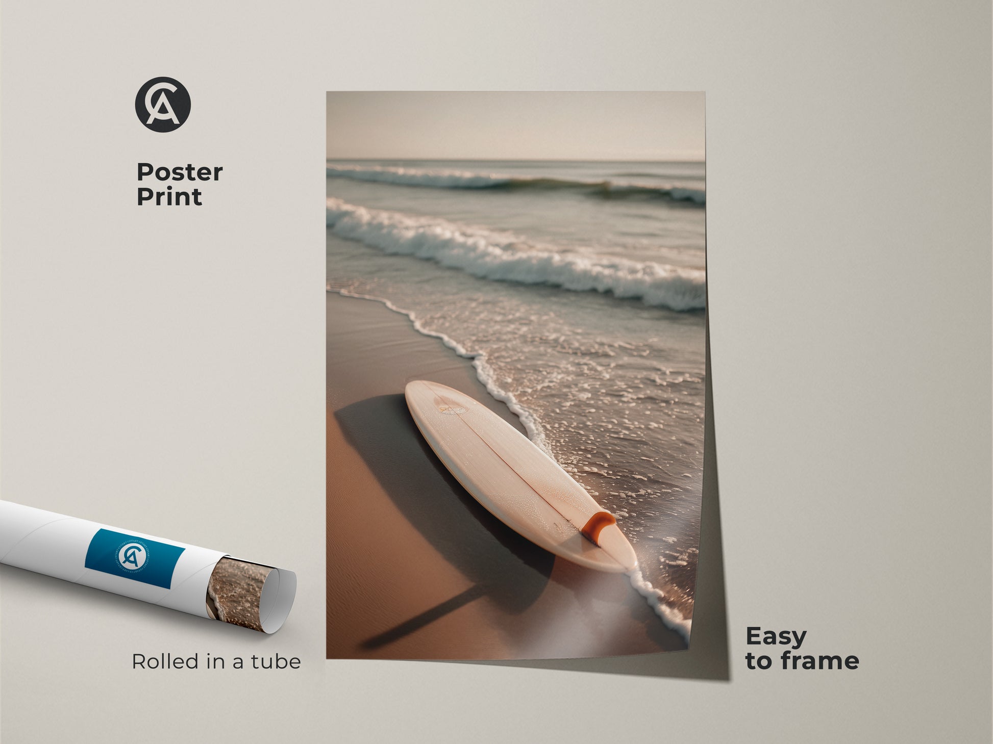Poster print of a beach scene with a surfboard. This easy-to-frame artwork is rolled in a tube for protection. A simple way to bring coastal charm to your walls. Perfect for creating a relaxed atmosphere in your space. Explore this affordable and stylish beach art print.