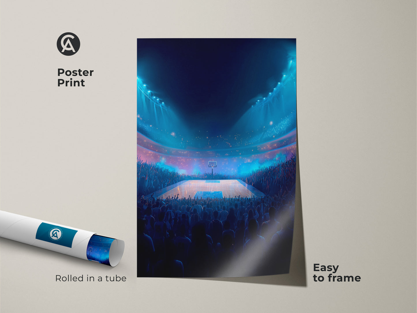 Poster print of a basketball arena art piece. Rolled in a tube and easy to frame. The vibrant colors and detailed artwork make this poster a must-have. Show your passion for basketball. Get this museum-quality paper poster.
