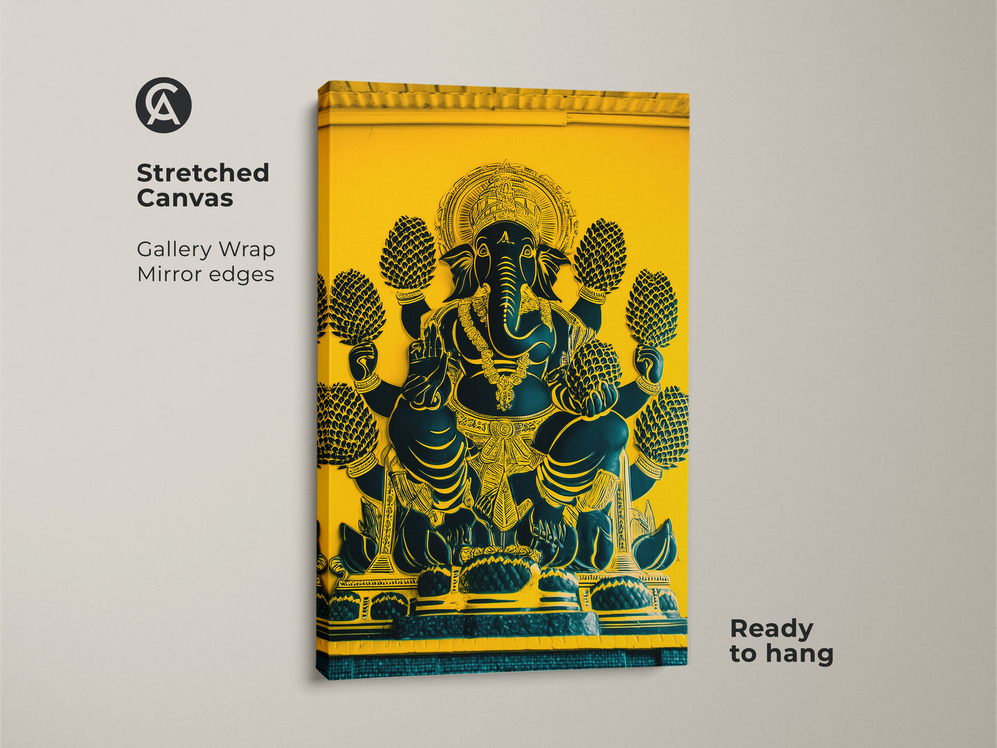 Stretched canvas print of Ganesha in yellow and teal. A gallery wrap presents the Elephant God art. The mirror edges reflect a divine presence. This spiritual home decor is ready to hang. It’s a thoughtful housewarming gift idea.