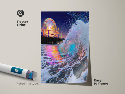Easy-to-frame poster print featuring teal blue and pink ocean waves. The artwork shows a Ferris wheel at night. Rolled in a tube this coastal art is a gift for beach and travel lovers. 