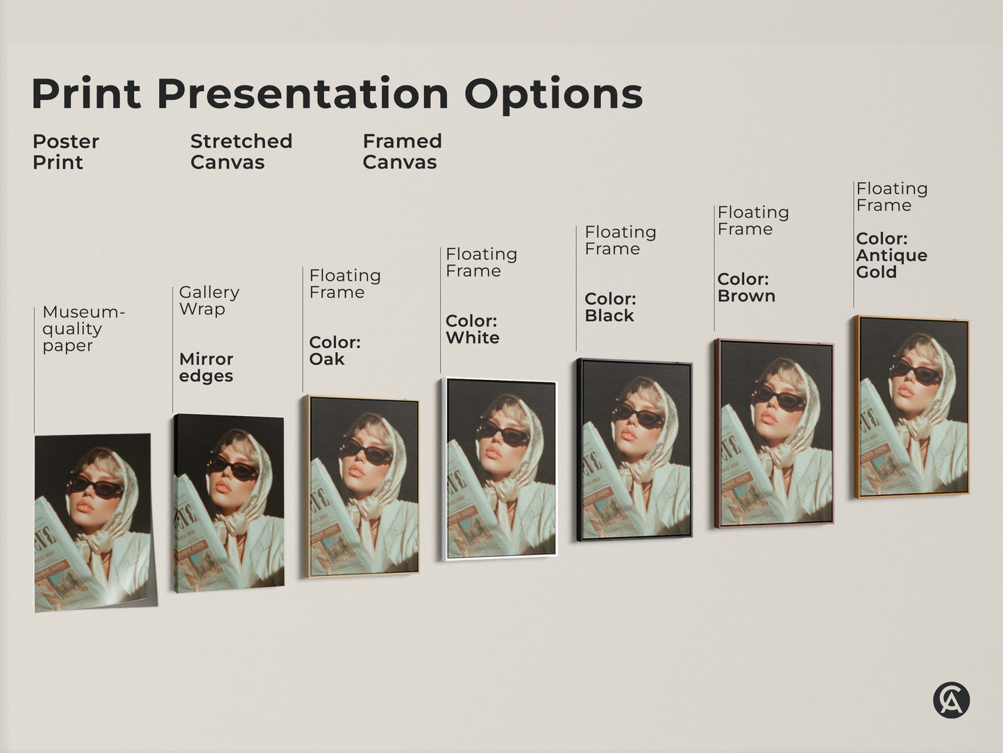 Explore print presentation options. See options for Poster Prints Stretched and Framed Canvas. Each featuring a woman in sunglasses with a newspaper. Museum-quality paper and mirror edges available.