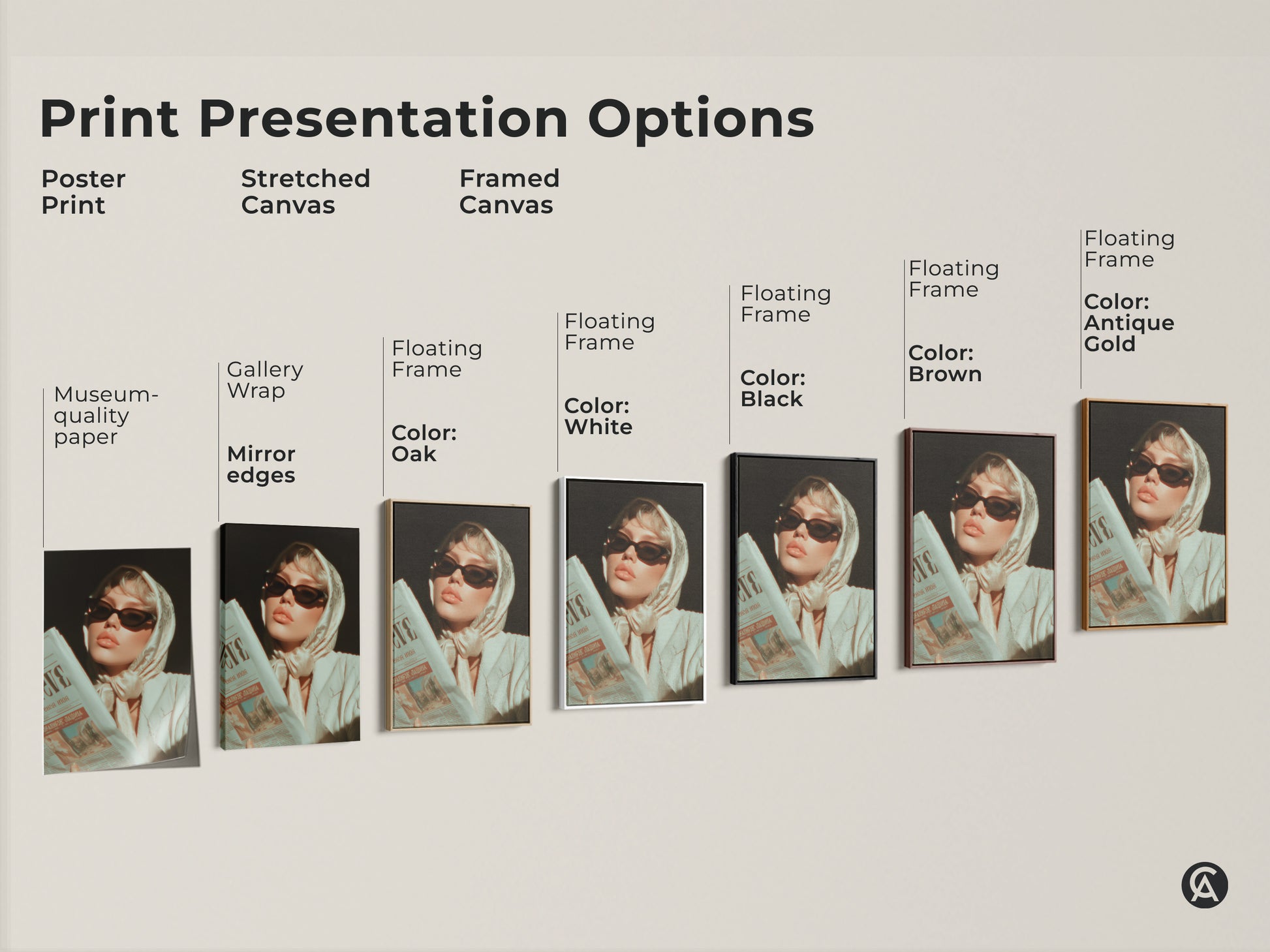 Explore print presentation options. See options for Poster Prints Stretched and Framed Canvas. Each featuring a woman in sunglasses with a newspaper. Museum-quality paper and mirror edges available.